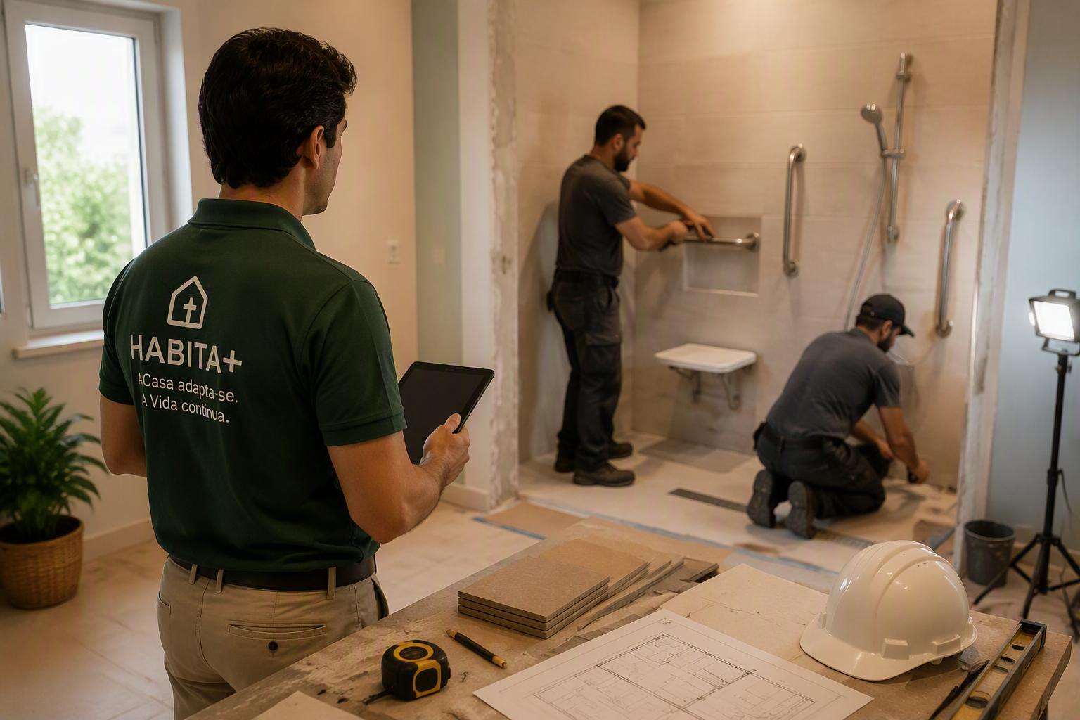Coordenador HABITA+ a acompanhar a instalação de barras de apoio num duche